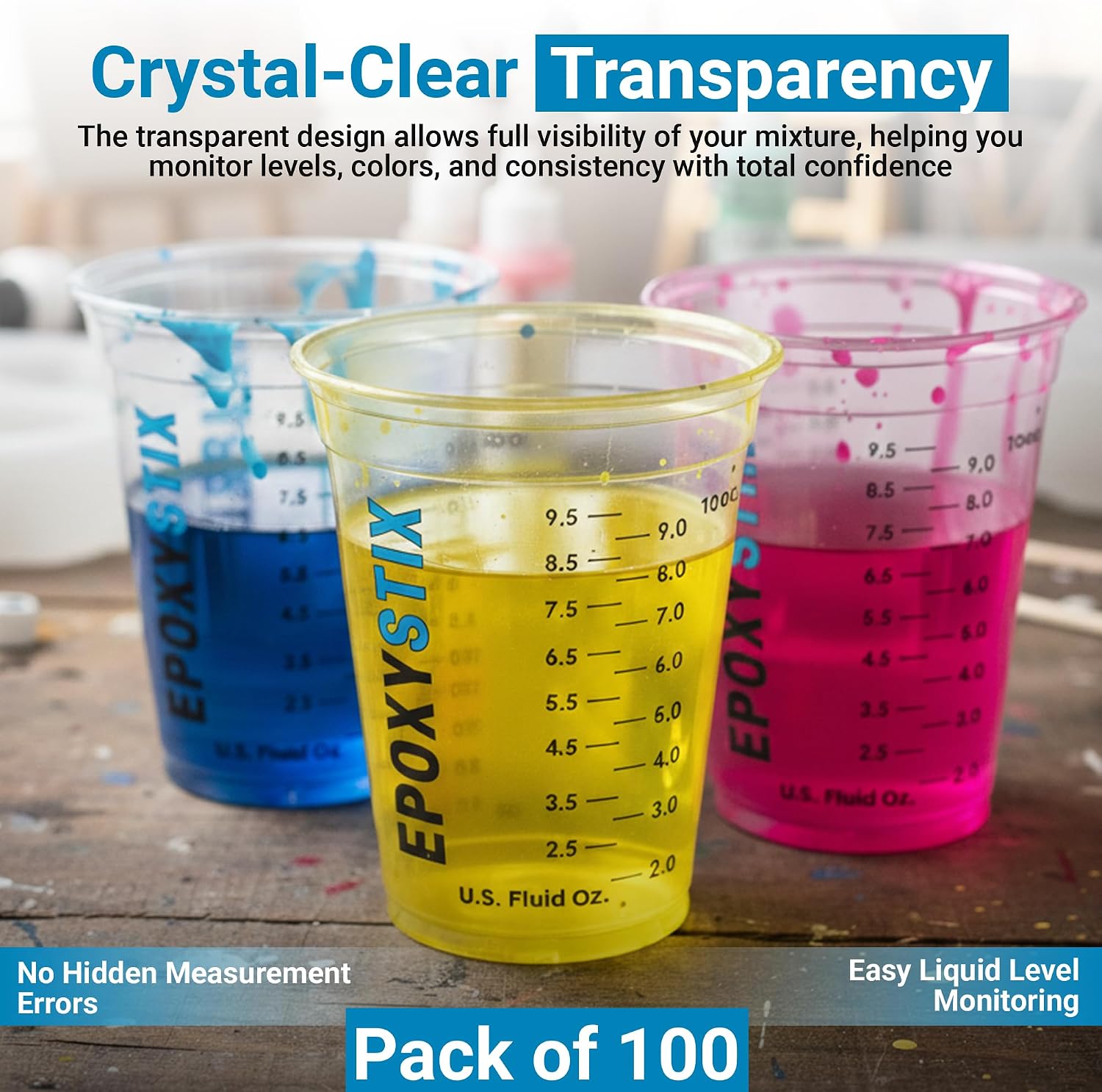 [100 Pack] NEW SIZE 12oz Graduated Mixing Cups - Durable PET, Clear Measurement Markings in oz, mL and cups - For Resin, Paint, Mixing and Crafts
