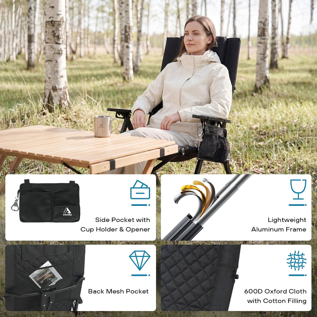 Reclining Camping Chair, Heavy Duty Folding Chairs with 4-Stage Adjustable High Back for Adults, Compact Foldable Outdoor Patio Reclining Chair with Storage Bag (Black, 2 Pack)