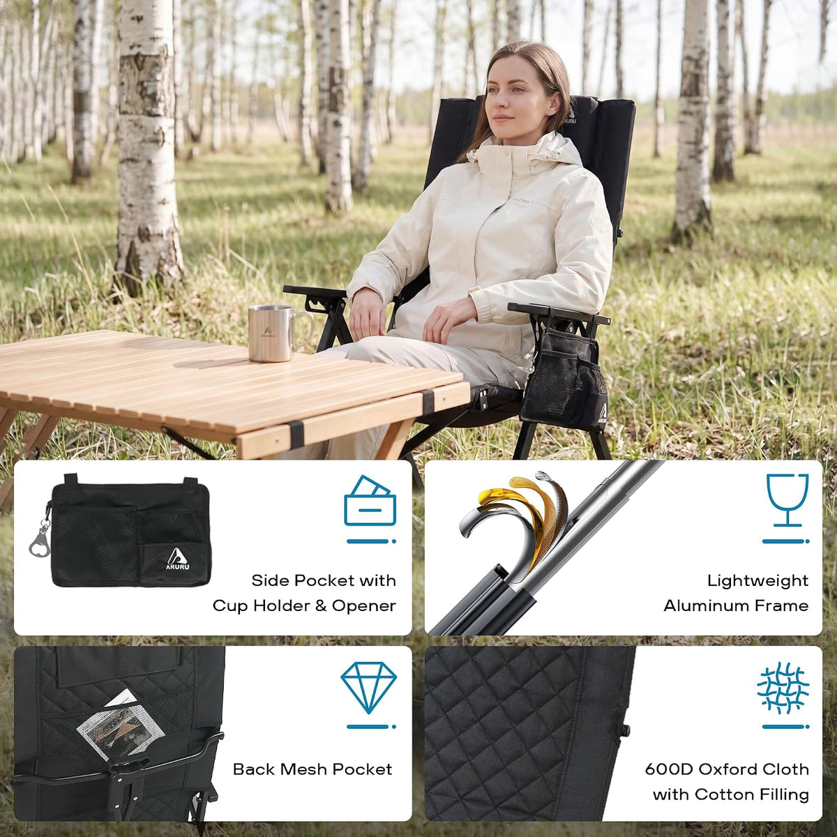 Reclining Camping Chair, Heavy Duty Folding Chairs with 4-Stage Adjustable High Back for Adults, Compact Foldable Outdoor Patio Reclining Chair with Storage Bag (Black, 2 Pack)