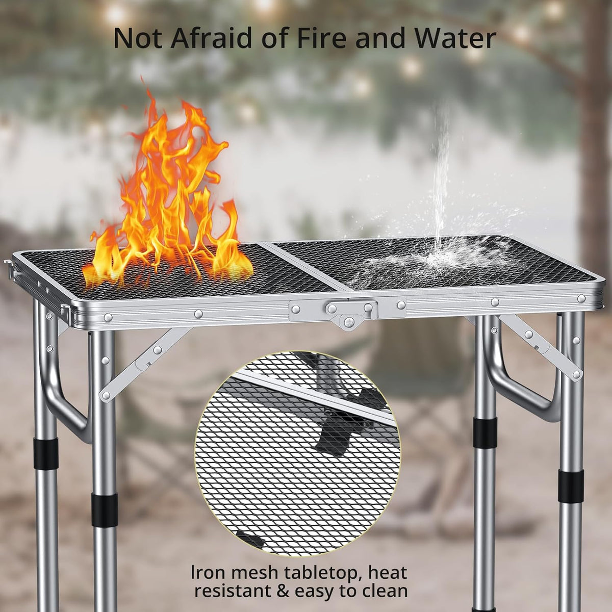 Anbte 2ft Folding Grill Table, Adjustable Height Max 27.5" Aluminum Camping Table, Heat-Resistant Tabletop, Lightweight, Portable Handle for Travel Cooking BBQ Picnic, 22.8" x 16", Silver