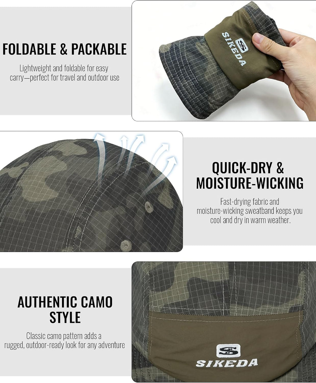 CLAPE Short Brim Baseball Cap for Men, Camouflage Quick-Dry 5 Panel Camper Hat Shapeable Low Profile Short Bill Cap