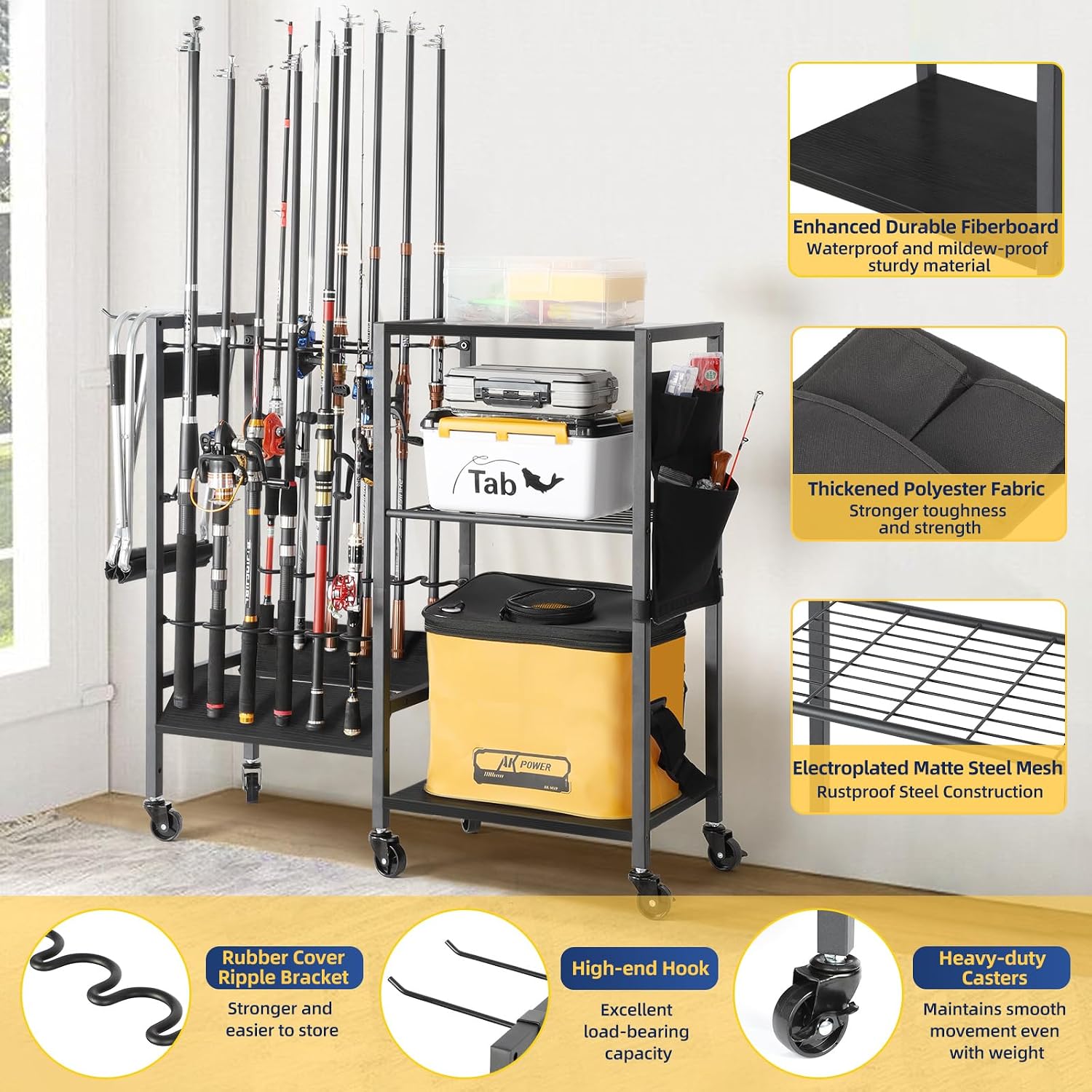 Olakee Fishing Rod Holders, Rolling Fishing Rod Rack for Garage & Boat, Tackle Box & Reel Holder Cart, Easy Assembly Fishing Gear Management System, Ideal Birthday Gift for Men Dad Anglers