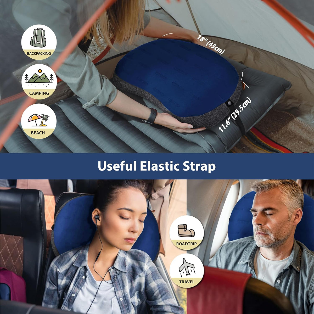 TREKOLOGY Inflatable Camping Pillow with Removable Cover - Ultralight Backpacking, Hiking, Beach, Travel Sleeping Pillow - Compact, Portable, Comfortable Camp Pillow for All Adventures ALUFT Plus SE