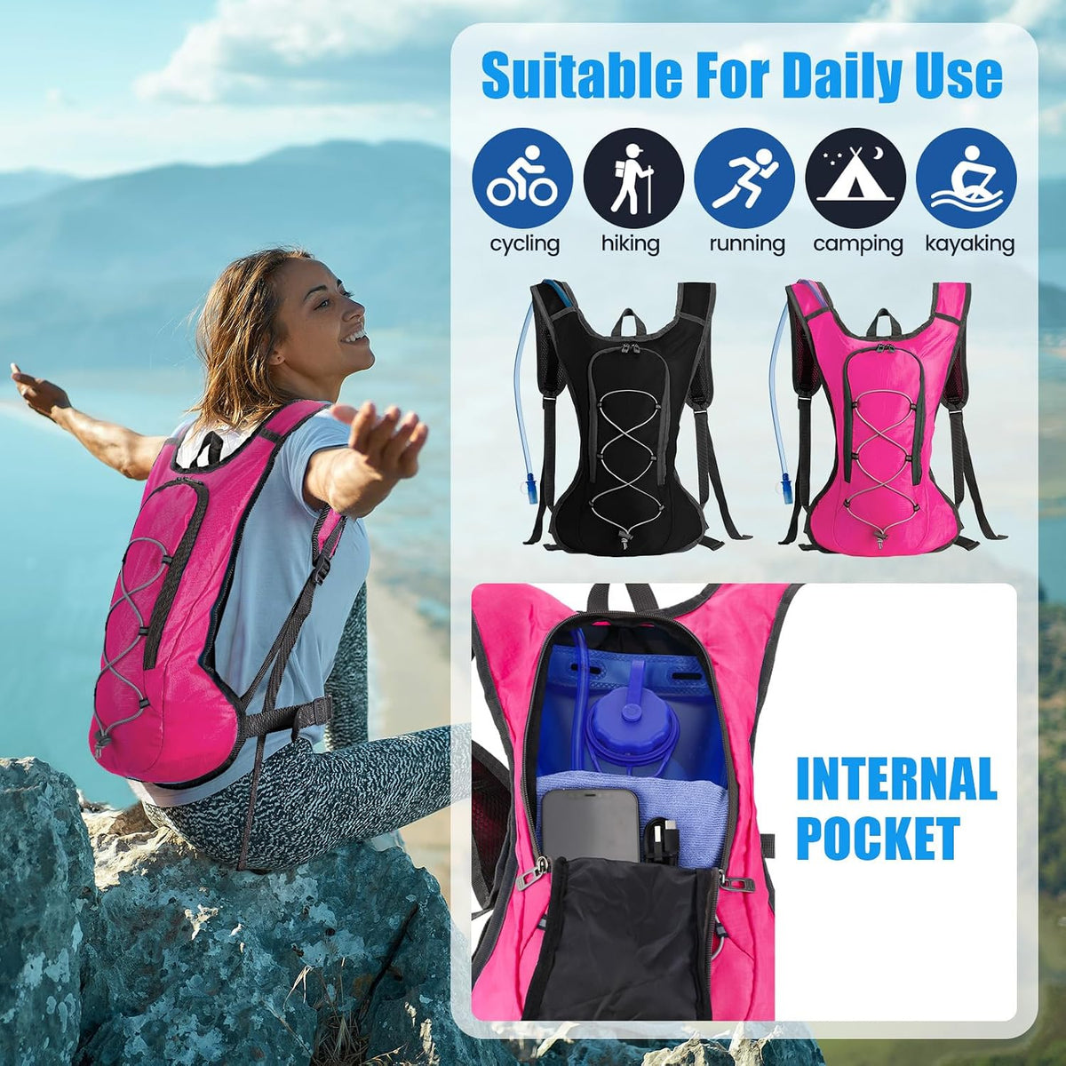 Wesiti 2 Pack Water Backpack Pack with 2L Hydration Bladder, Black, Pink