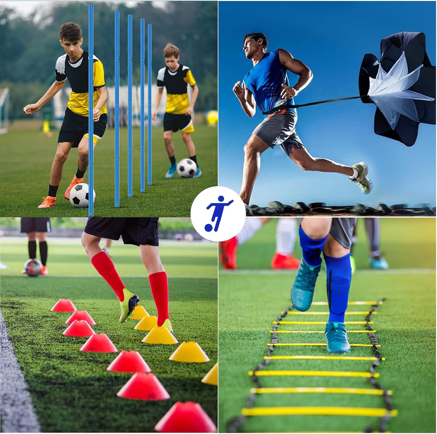 Vztipki Speed & Agility Training Equipment-20ft Agility Ladder, 6 Poles, 12 Soccer Cones, Resistance Parachute, Jump Rope, Soccer Football Basketball Sport Training Set for Kids Youth Adults