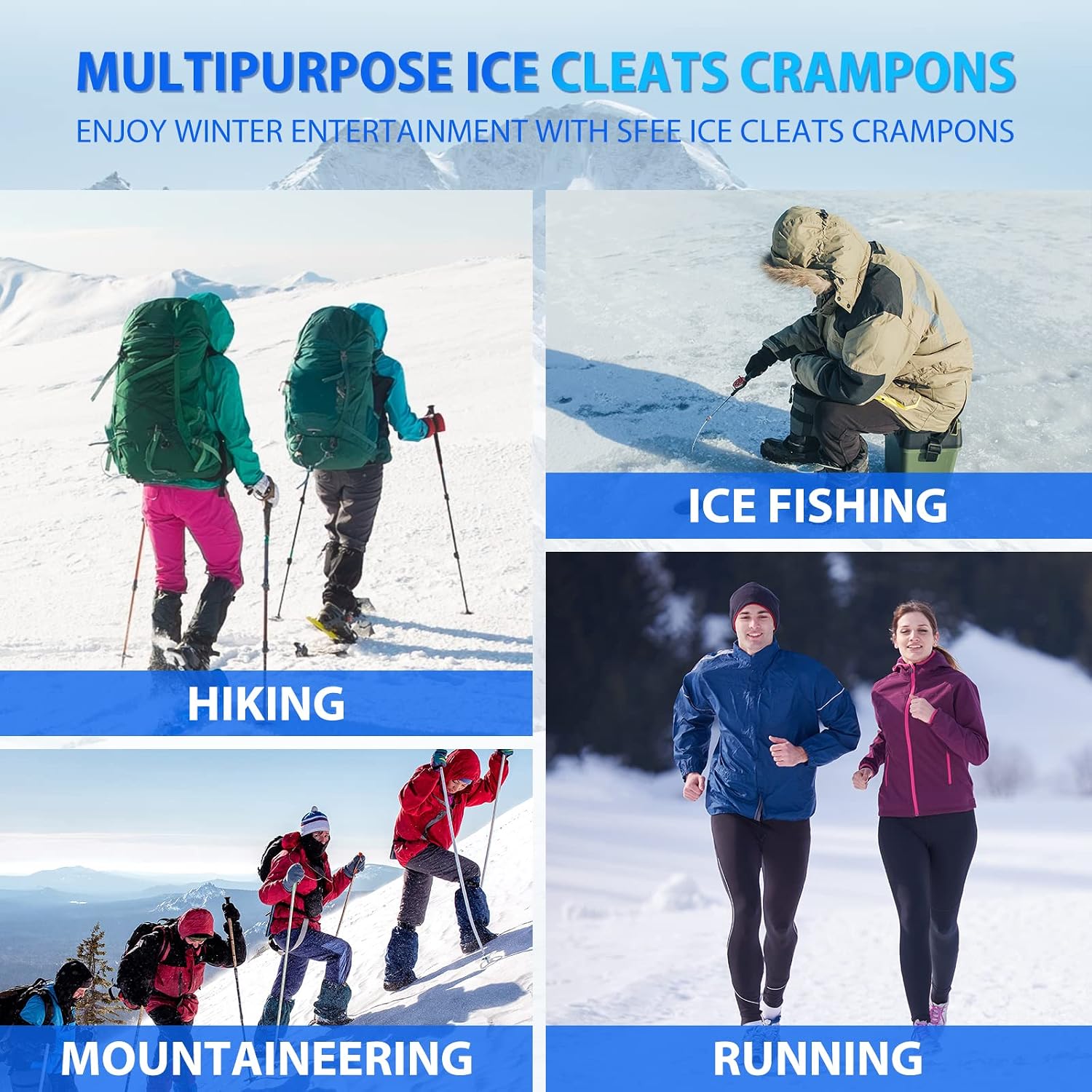 Sfee Crampons for Winter Boots, Upgraded Ice Cleats Stainless Steel Women Men Anti Slip Ice Traction Cleats Grips with Straps, Perfect for Hiking, Walking, Climbing, Ice Fishing