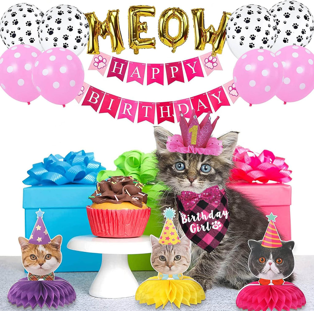 Cat Birthday Party Supplies, Cat Birthday Hat Crown with Number Bandana Bow Tie Banner Balloons Meow Balloons for Cats Kittens Decorations