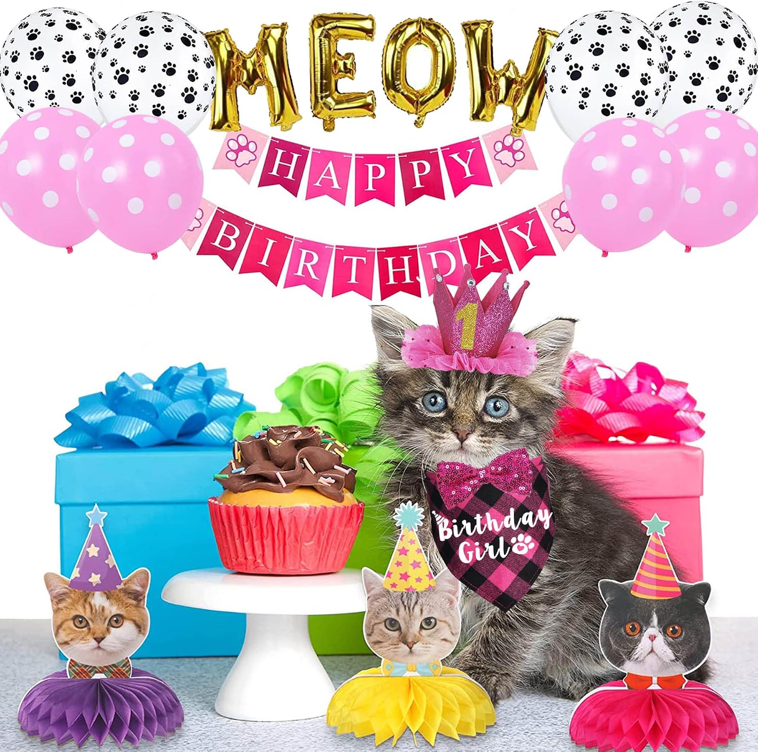 Cat Birthday Party Supplies, Cat Birthday Hat Crown with Number Bandana Bow Tie Banner Balloons Meow Balloons for Cats Kittens Decorations