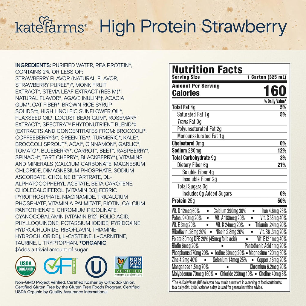 KATE FARMS Organic High Protein Strawberry Shake, 25g Protein, 12 Pack