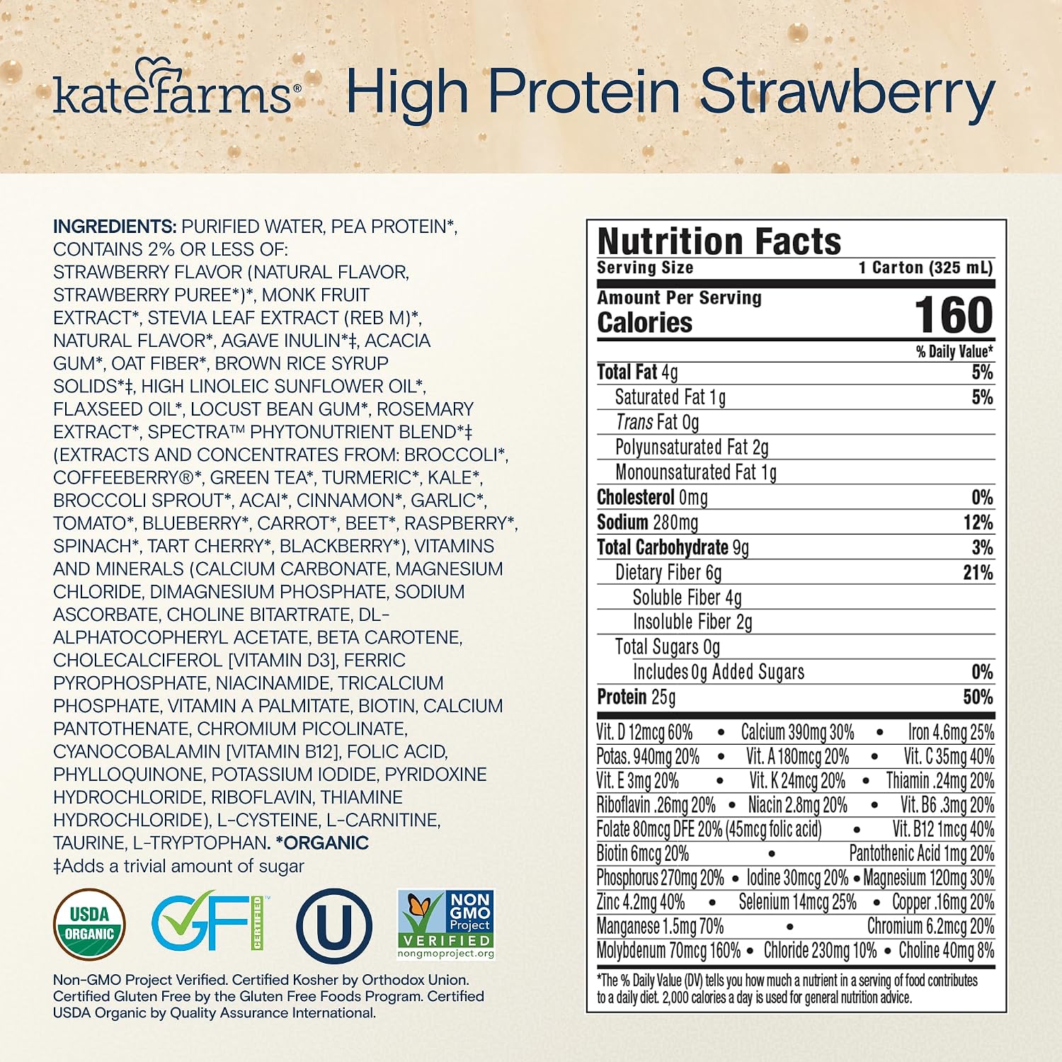 KATE FARMS Organic High Protein Strawberry Shake, 25g Protein, 6 Pack