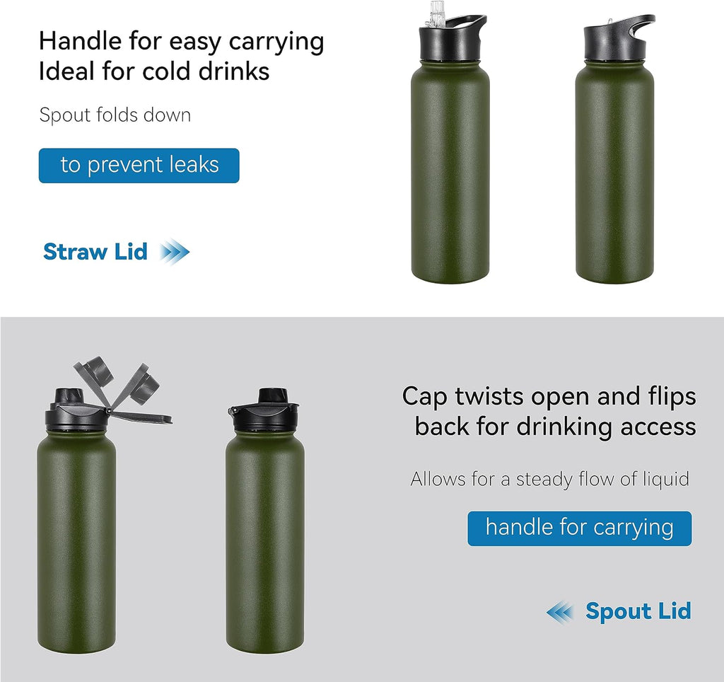 VEGOND 40 oz Insulated Water Bottle Stainless Steel Metal Water Bottles with Leak Proof Straw Lid & Spout Lid, Wide Mouth Double Walled Vacuum Travel Sports Bottle, Army Green