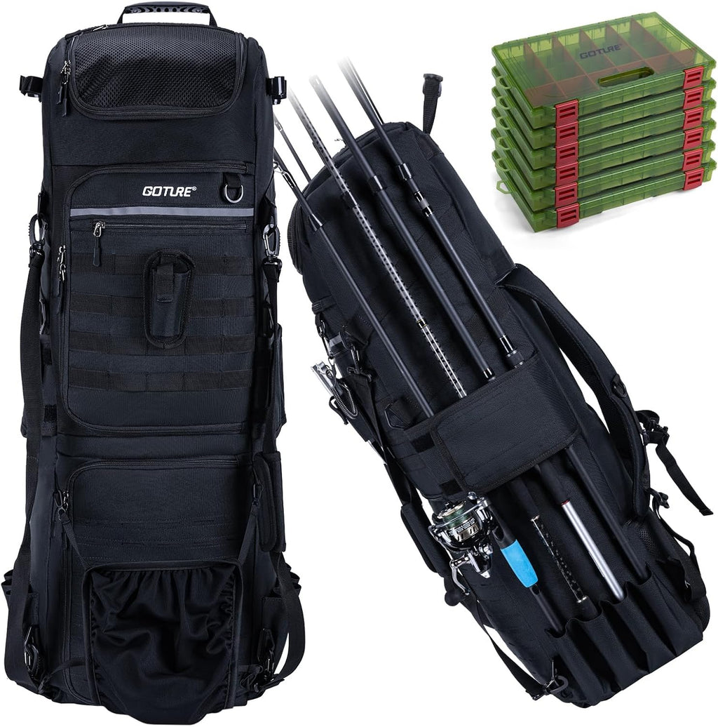 Goture 61L Large Fishing Backpack Tackle Bag, 3-Layer with 6 Tackle Boxes Included
