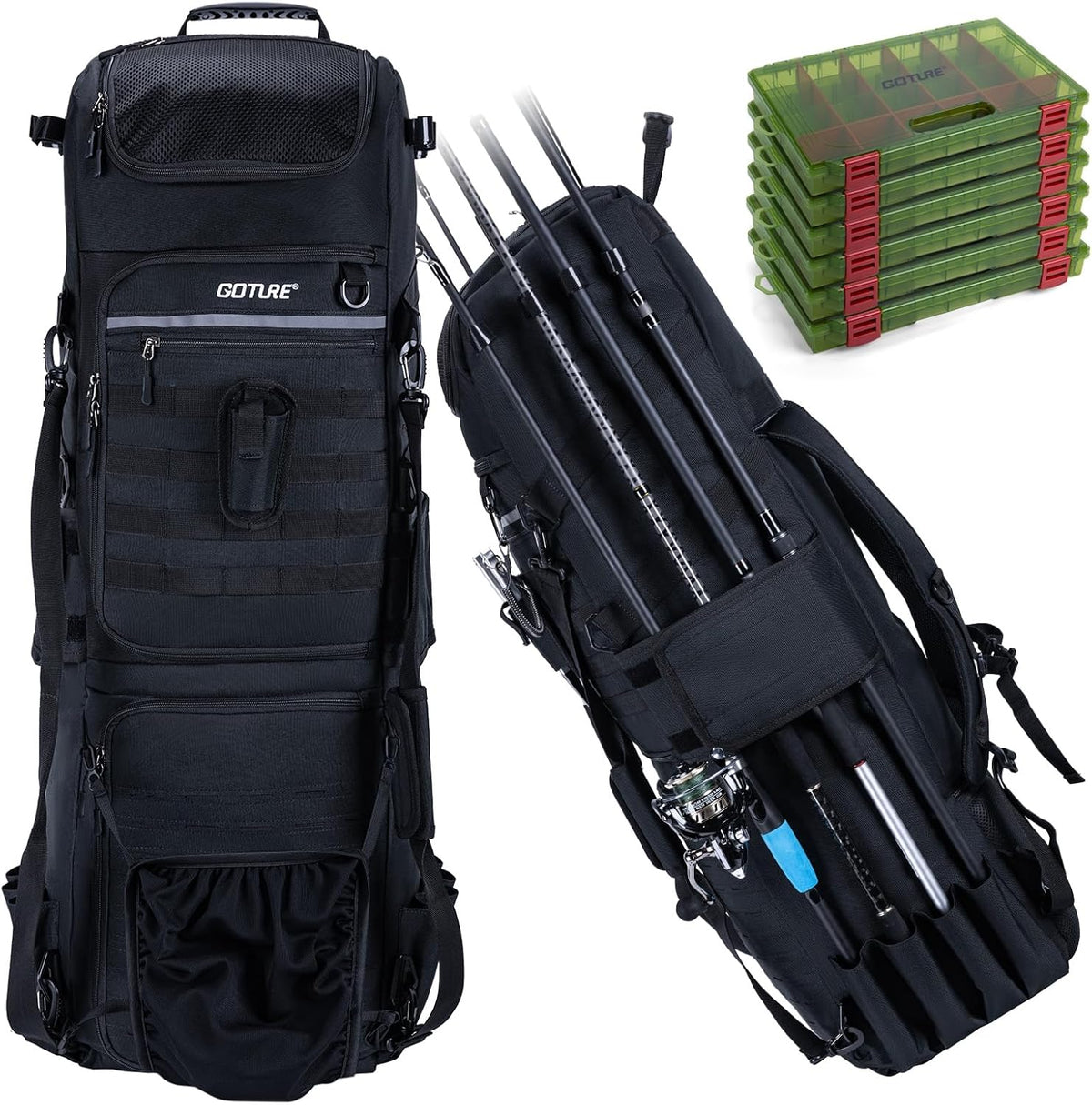 Goture 61L Large Fishing Backpack Tackle Bag, 3-Layer with 6 Tackle Boxes Included