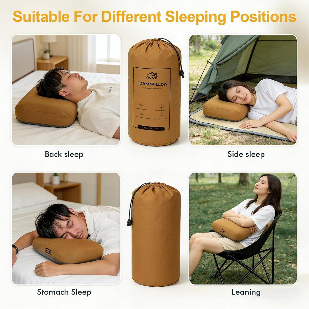 Thick Camping Memory Foam Pillow, Compressible & Ultralight Travel Pillow for Backpacking - Ergonomic Neck & Lumbar Support for Side Sleepers, Compact for Hiking, Car, Airplane