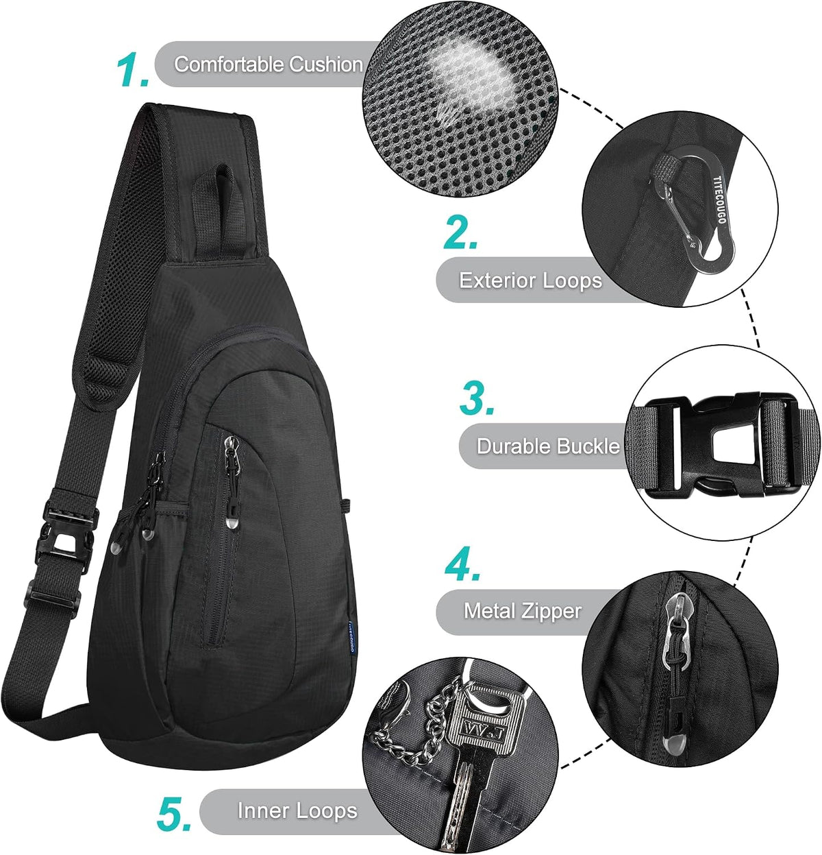 TITECOUGO Small Sling Bag, Lightweight Crossbody Backpack for Men Women, Shoulder Bag for Sports and Outdoor