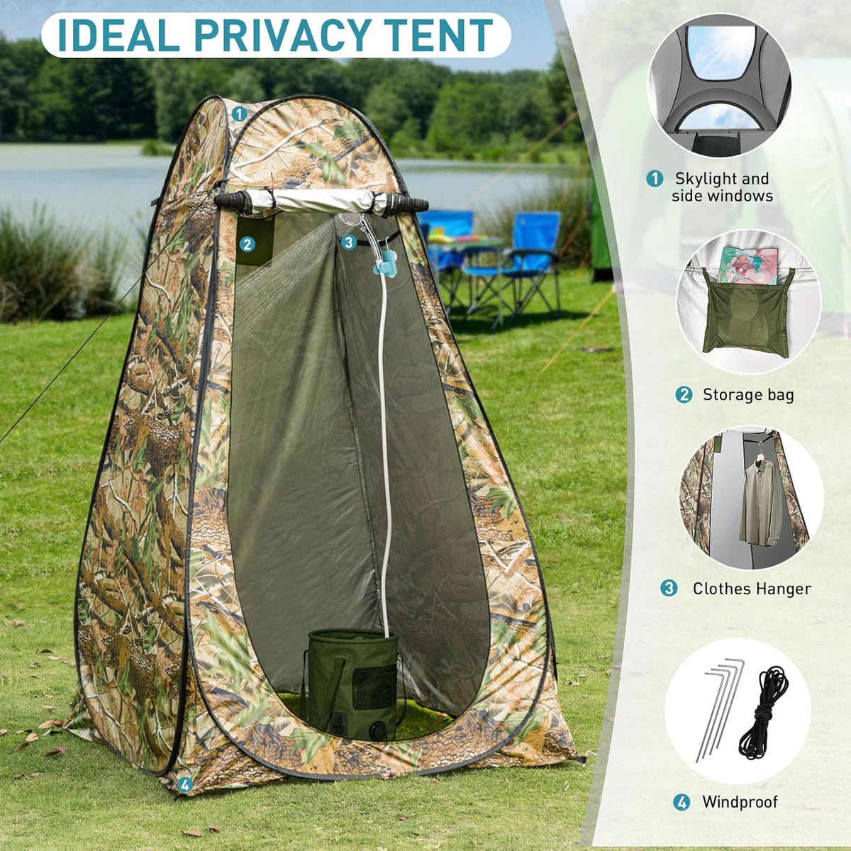 Portable Hot Shower for Camping Shower Tent Kit, 1000W Immersion Heater, Rechargeable Camping Shower Pump, Pop Up Shower Tent with 6.6 Gallons Folding Bucket for Adults Outdoor