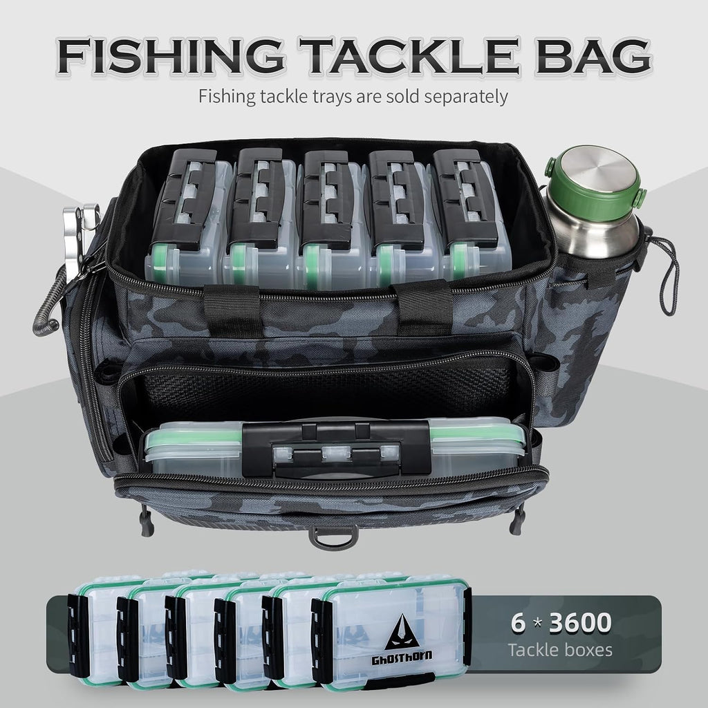 Ghosthorn Large Fishing Tackle Bag with Rod Holder Waterproof Gear Storage