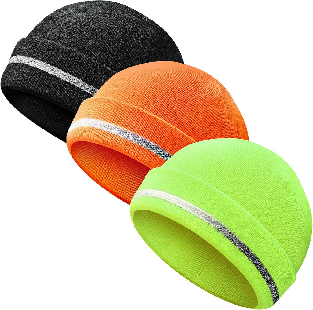 Reflective Knit Hat Safety Beanies Adult High Visibility Beanie Neon Winter Knit Caps with Reflective Stripe