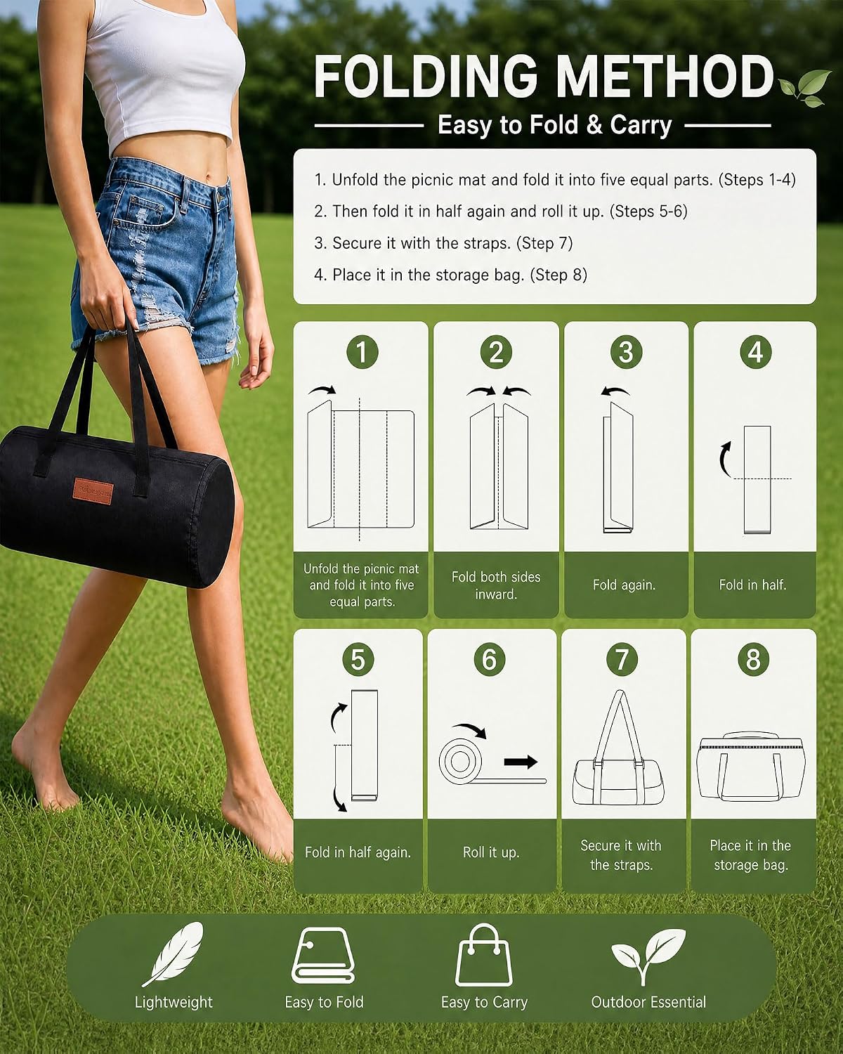 Extra-Thick Padded Large Picnic Blanket with 4 Corner Stakes and Carry Bag