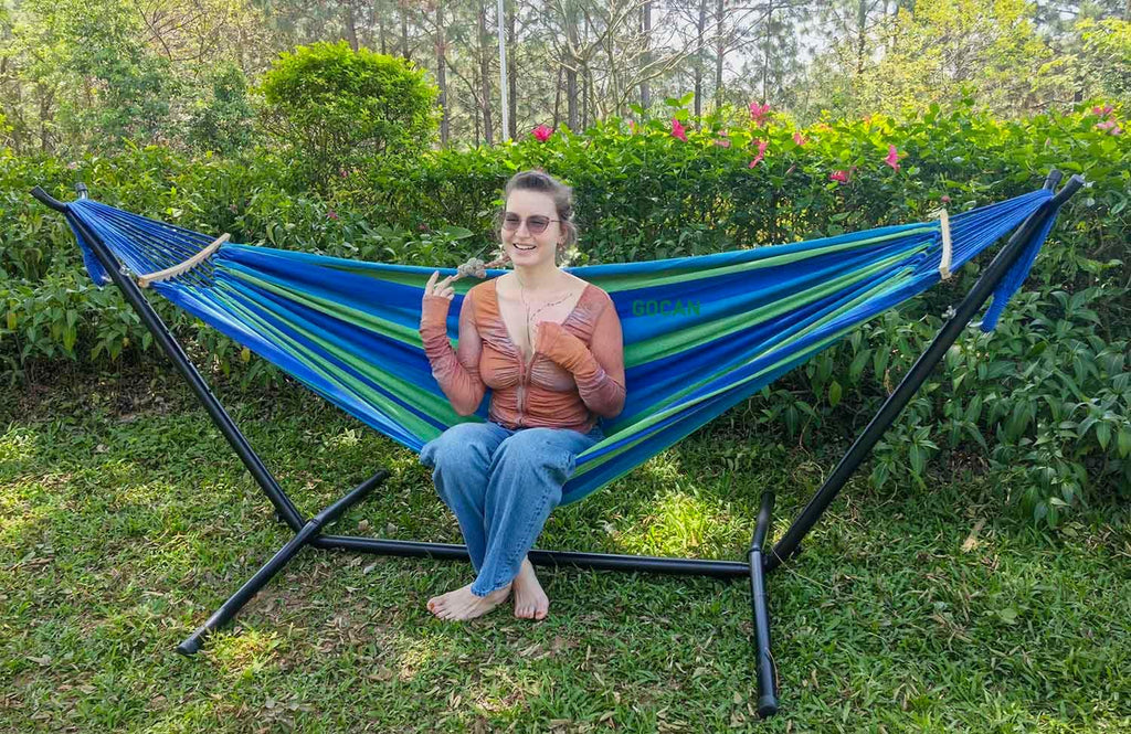GOCAN Double Hammock 2 Person Large 220x150cm with Steel Stand and Removable Spreader bar Load 500lb, Canvas Cotton Hammocks for Patio Porch Garden Backyard Outdoor and Indoor