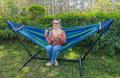 GOCAN Double Hammock 2 Person Large 220x160cm with Steel Stand and Removable Spreader bar Load 500lb, Canvas Cotton Hammocks for Patio Porch Garden Backyard Outdoor and Indoor, Blue