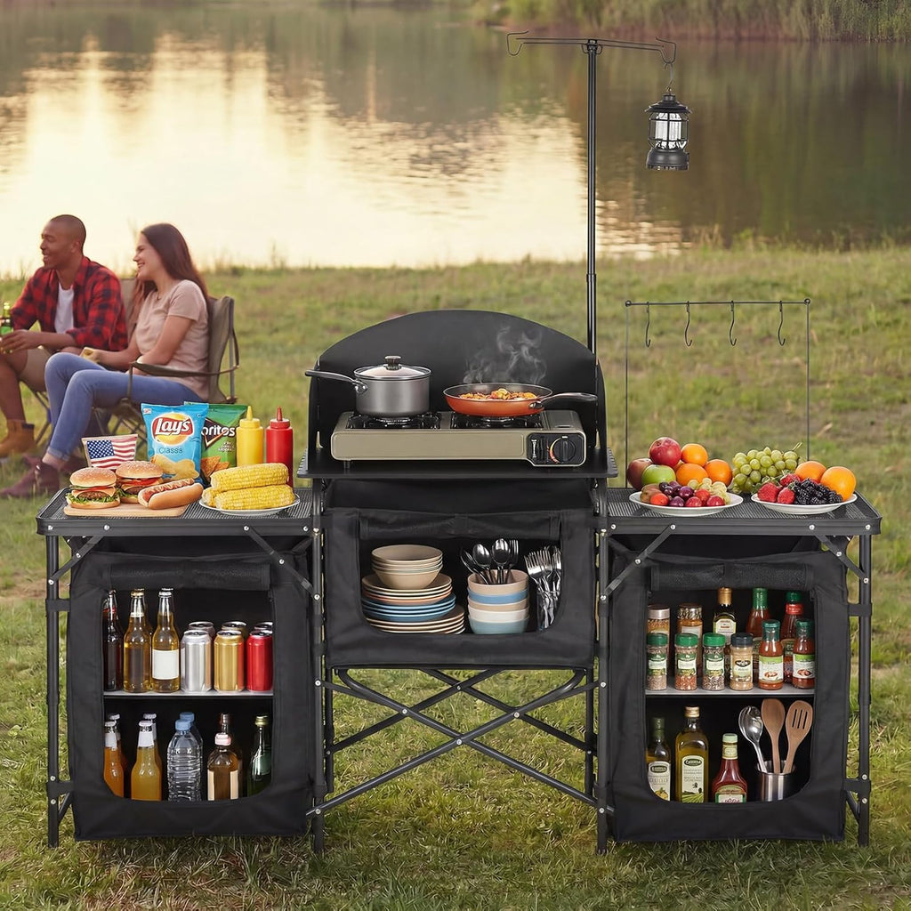 VEVOR Camping Kitchen Table, Outdoor Camp Cooking Table, Portable Cook Station with Storage Cupboard, Carrying Bag, Detachable Windscreen, Quick Set-up for BBQ Party Picnic RV Travel, Black