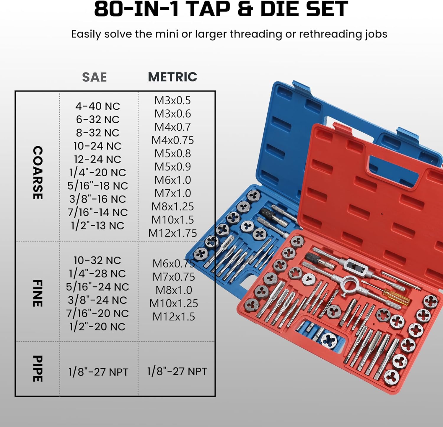Anfrere 40pcs SAE Tap and Die Set, SAE Standard Rethreading Tool Kit