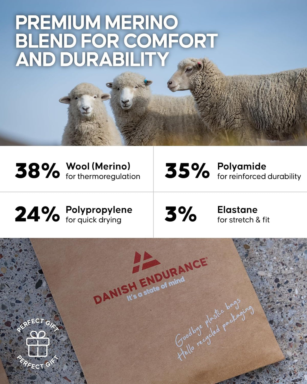DANISH ENDURANCE Merino Wool Premium Hiking Socks, Thermal, 3-Pack