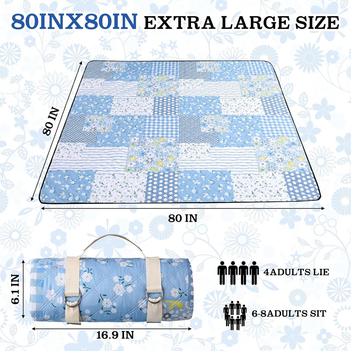 Lumina 80x80 Picnic Blanket Waterproof Floral Beach Camping Quilted