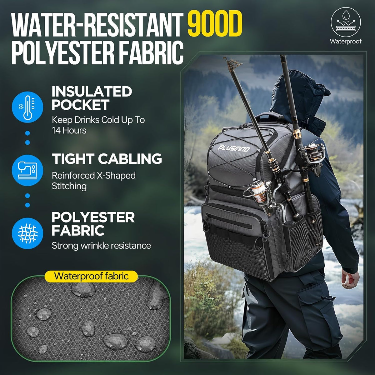 PLUSINNO Cooler Fishing Backpack with Rod Holders 45L Large Water-resistant Fishing Tackle bag Store Fishing Gear Fishing Gifts for Men Father