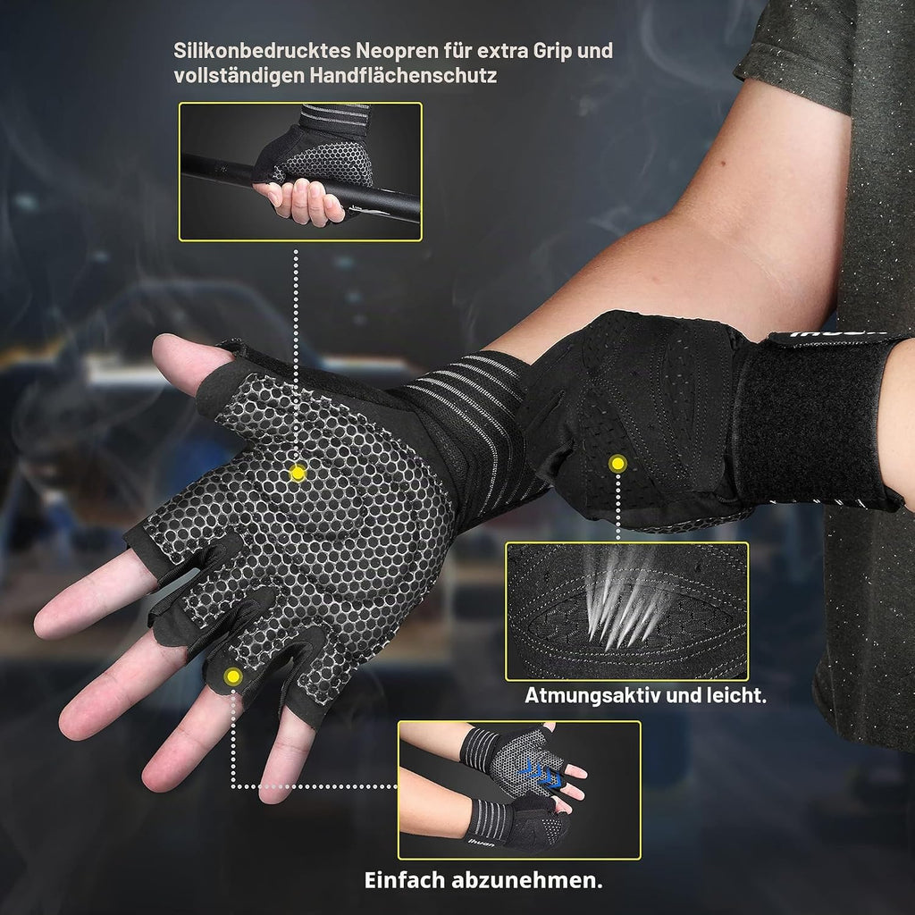 ihuan Ventilated Weight Lifting Gym Workout Gloves with Wrist Wrap Support for Men & Women, Full Palm Protection, for Weightlifting, Training, Fitness, Hanging, Pull ups