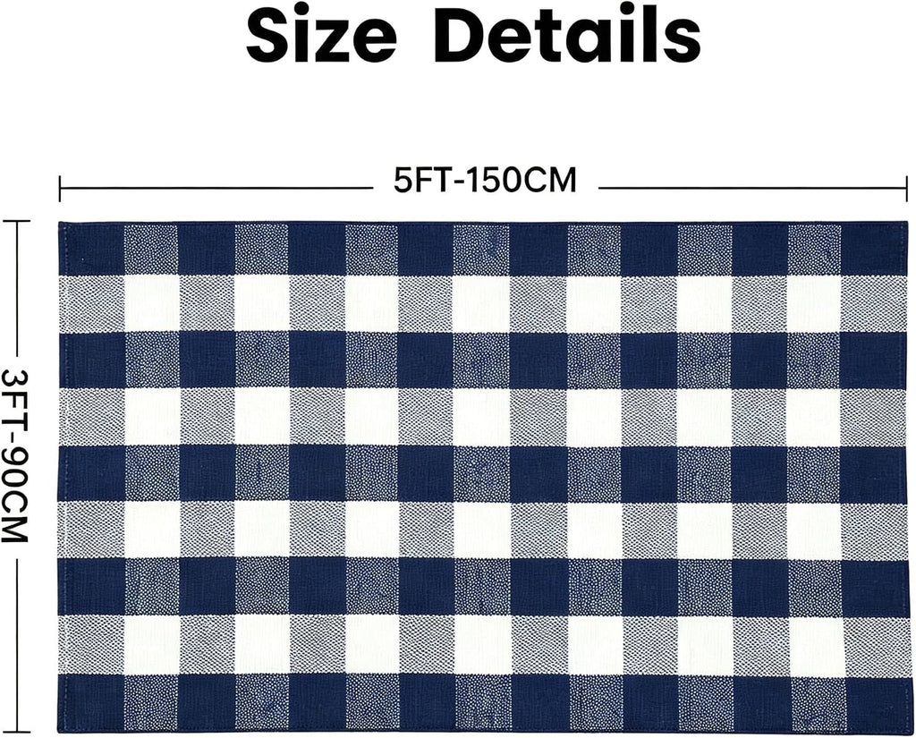 MUBIN Cotton Buffalo Plaid Rug, 3' x 5' Navy Blue White Outdoor Rug Front Door Decorative Mat, Washable Doormat Foldable Area Rug Layered Door Mats Rug for Front Porch, Entryway, Patio