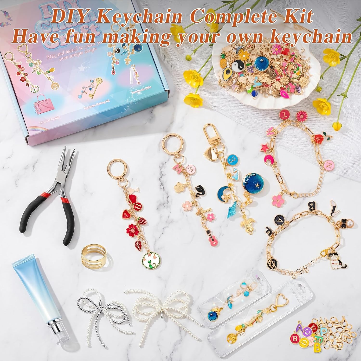 569Pcs Charms Lip Gloss Keychain Making Kit, Bracelet Making Kit, DIY Bag Charm Kit with Key Chain Hooks, Jump Rings, Lobster Clasps, Charms, Chains & Tools, Jewelry Pliers, Jewelry Craft Kit Supplies