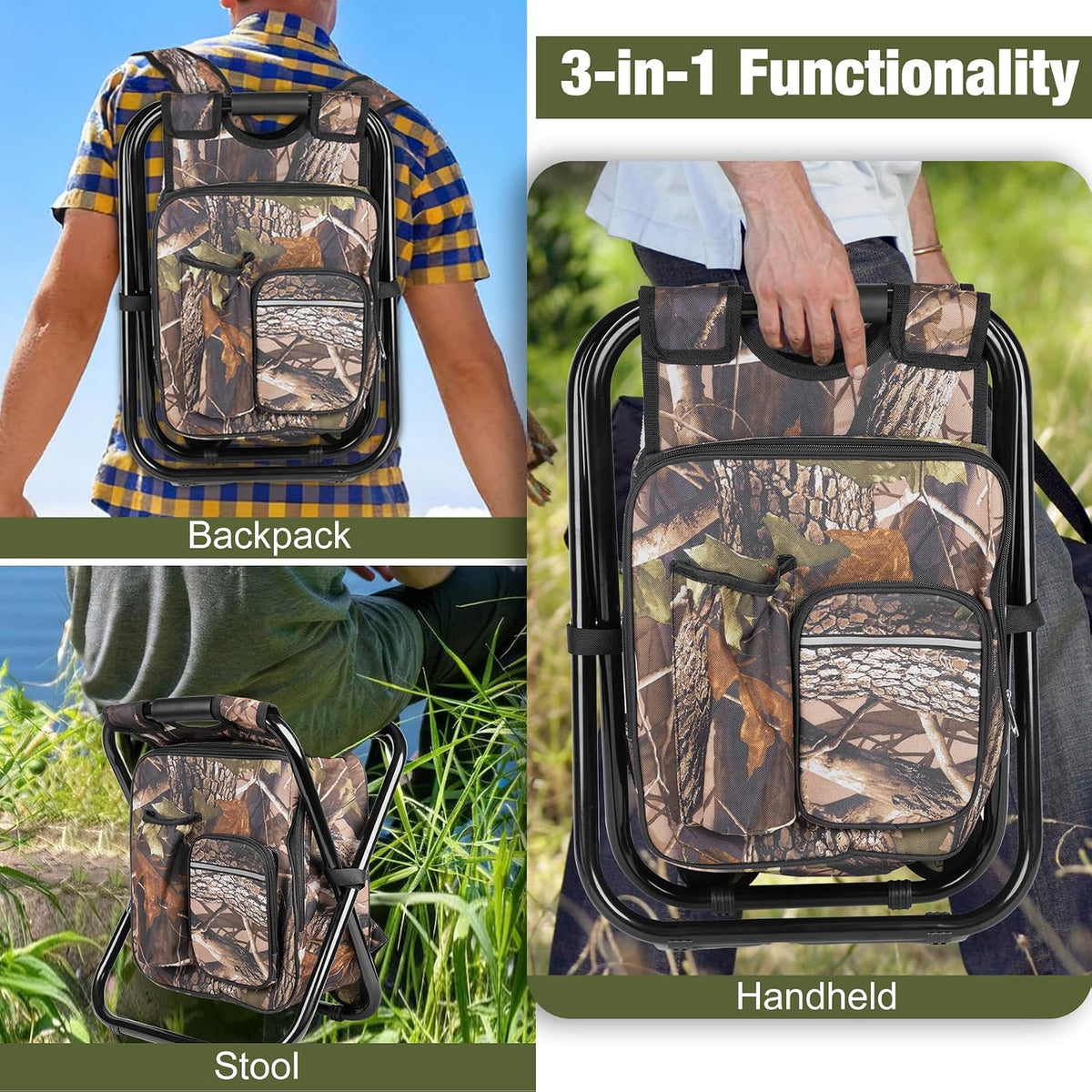 Kikerike Backpack Stool Cooler Chair Heavy Duty 300 LBS Max Load Portable Lightweight Stool Backpack Folding Fishing Cooler Seat for Camping Hunting Fishing - Woodland