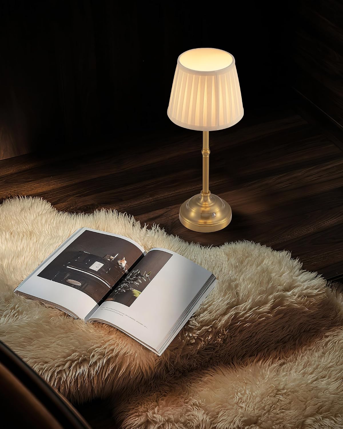 KDG Gold Cordless Portable LED Table Lamp, Beige Fabric Shade Desk Lamp
