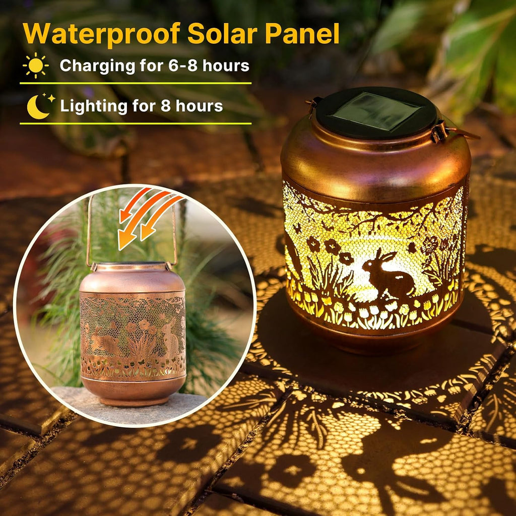 2Pack Rabbit Solar Lanterns Outdoor Waterproof Hanging Solar Lights Easter Bunny Gifts for Women Mom Grandma Metal Decorative LED Lantern Outside for Garden Decor,Yard,Patio,Lawn,Porch,Pathway