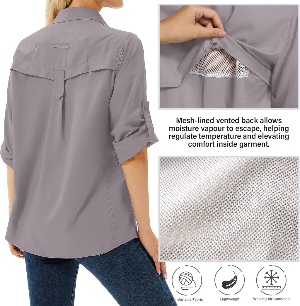 Women's UPF 50 Long Sleeve Sun Protection Safari Fish Hiking Shirts