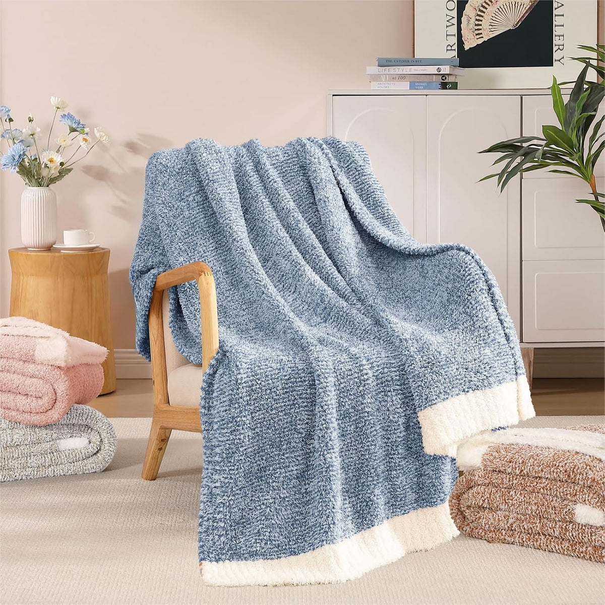 WRENSONGE Soft Throw Blanket for Couch-Cozy Reversible Knitted Blankets