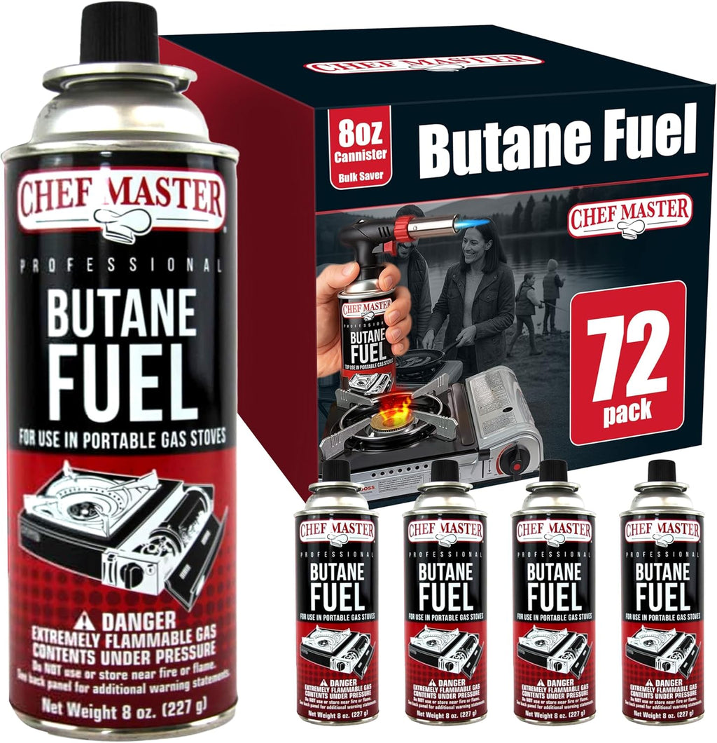 Chef Master Butane Fuel Canister, Camping Stove, Torch Refill, 8oz, 72-Pack