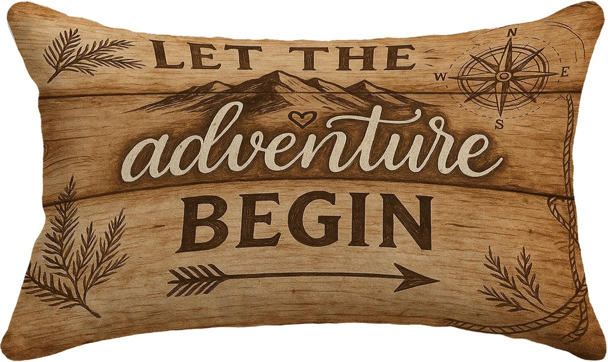 Rustic Camping Pillow Cover 12x20, Gift for Camper and Travel Lovers, Let The Adventure Begin Decorative Throw Pillow Cover Pillowcase for RV Campsite Tent Trailer Cabin Lake House