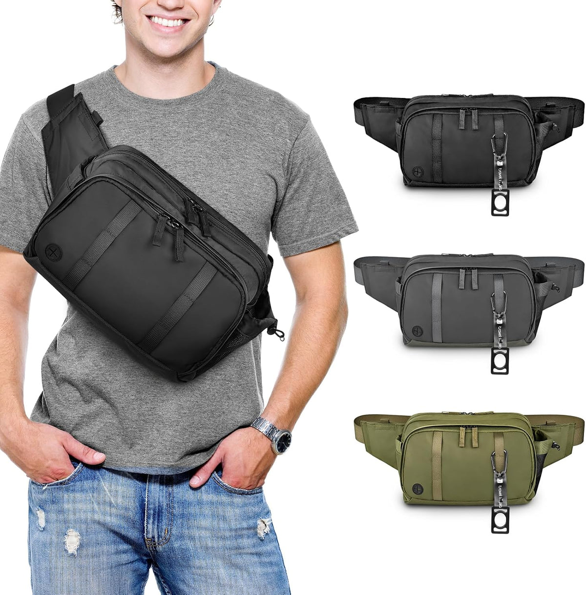 Large Crossbody Waist Bag Tactical Fanny Pack for Men Hip Bum Bag with Water Bottle Holder Adjustable Belt, Workout Traveling Casual Running Hiking Cycling