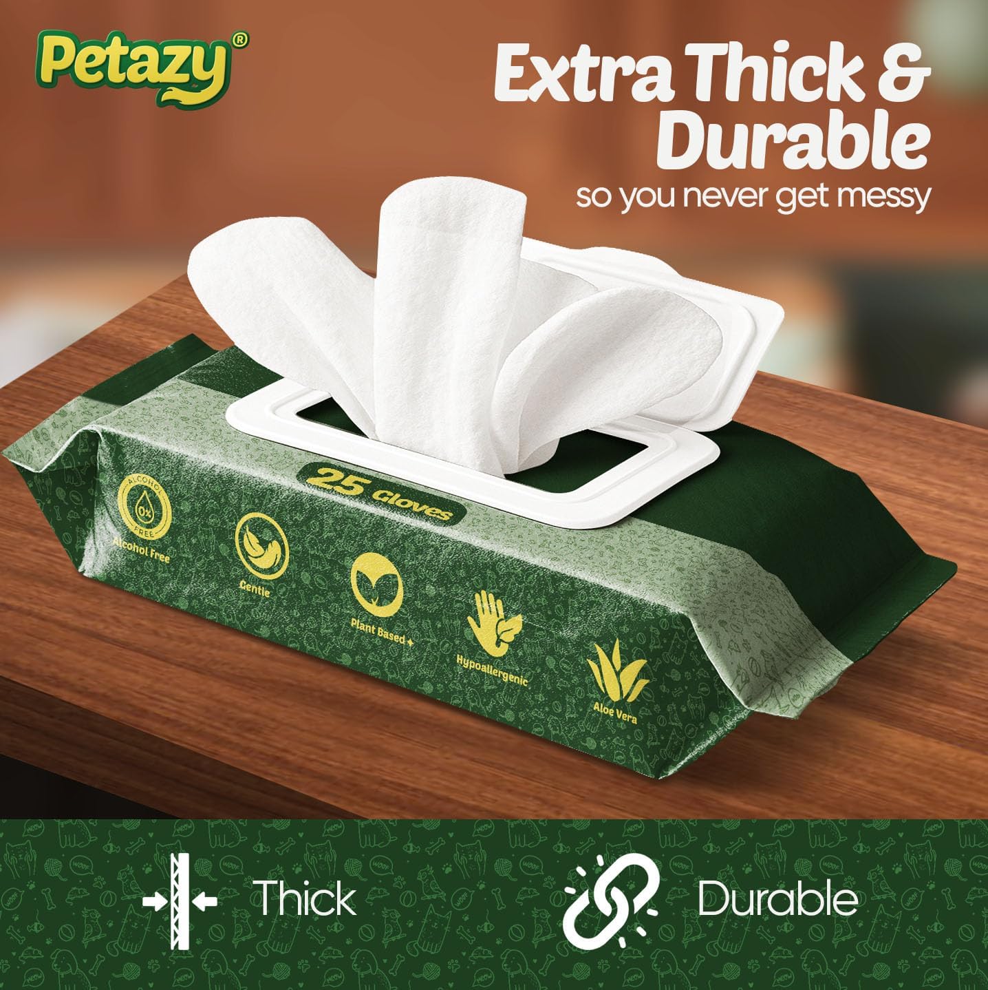 Petazy Pet Glove Wipes for Dogs & Cats - Paws, Ears & Butt Cleaning, 2x25pk
