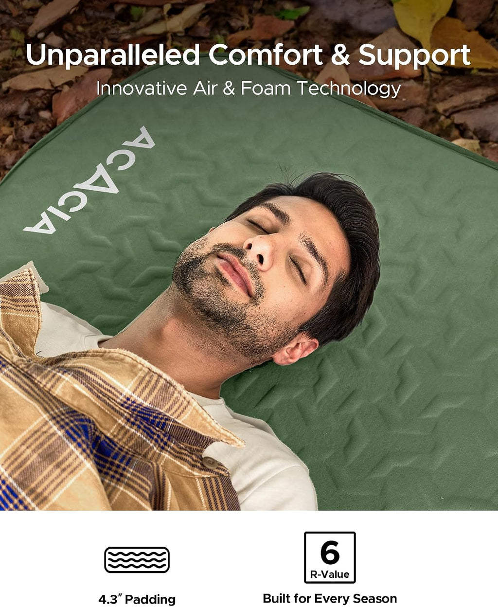 Acacia 4" Thick Self Inflating Sleeping Pad with Foam, Innovative Y-Shaped Telescopic Structure, Ultraportable Camping Air Mattress with Pump Sack, Easy Roll Up Sleep Bed for Travel Tent Car