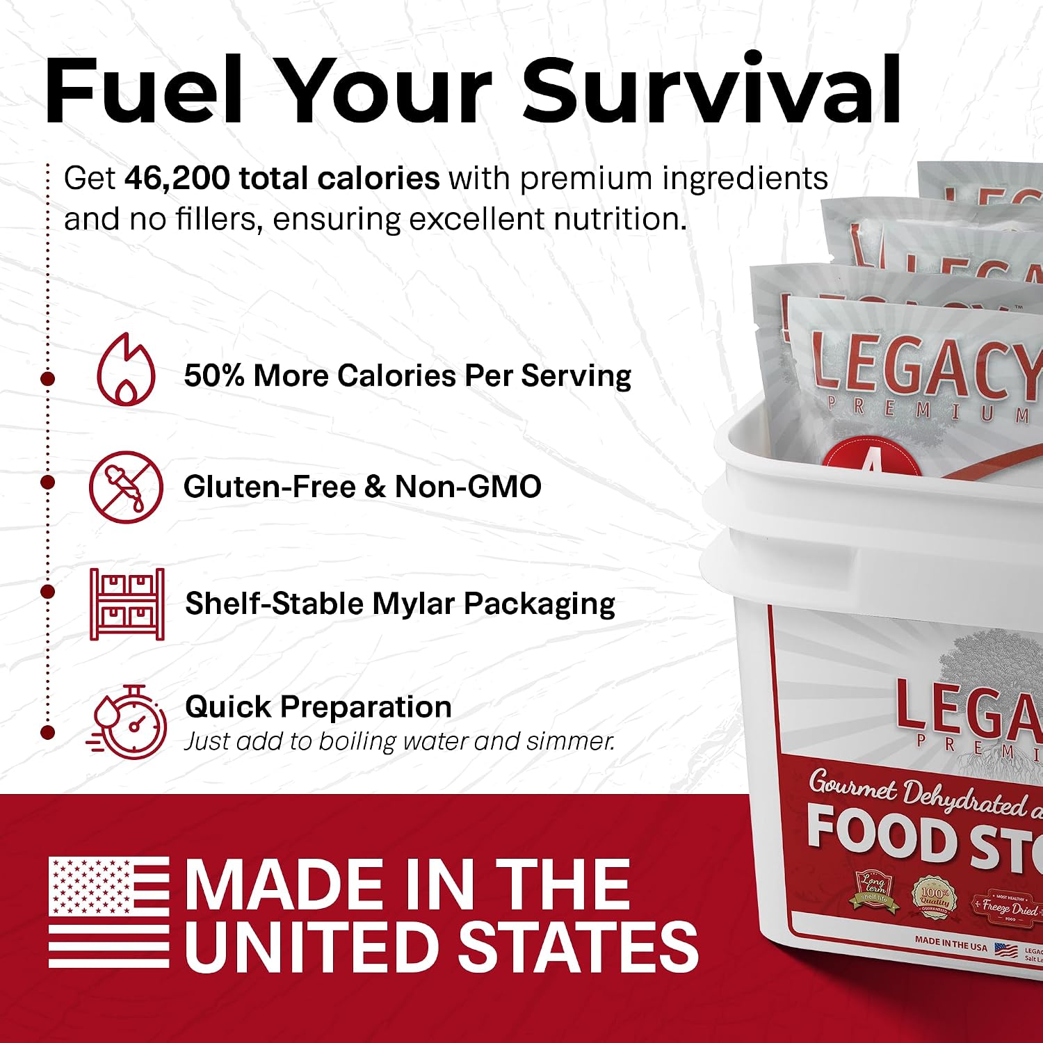 Legacy Food Storage Gluten Free 120 Serving Bucket, Emergency Food Supply, 46,200 Total Calories, 120 Large Servings, Shelf Stable Lunch & Dinner Entrees, Freeze Dried Survival Meals for MRE Camping, Hiking, & Backpacking
