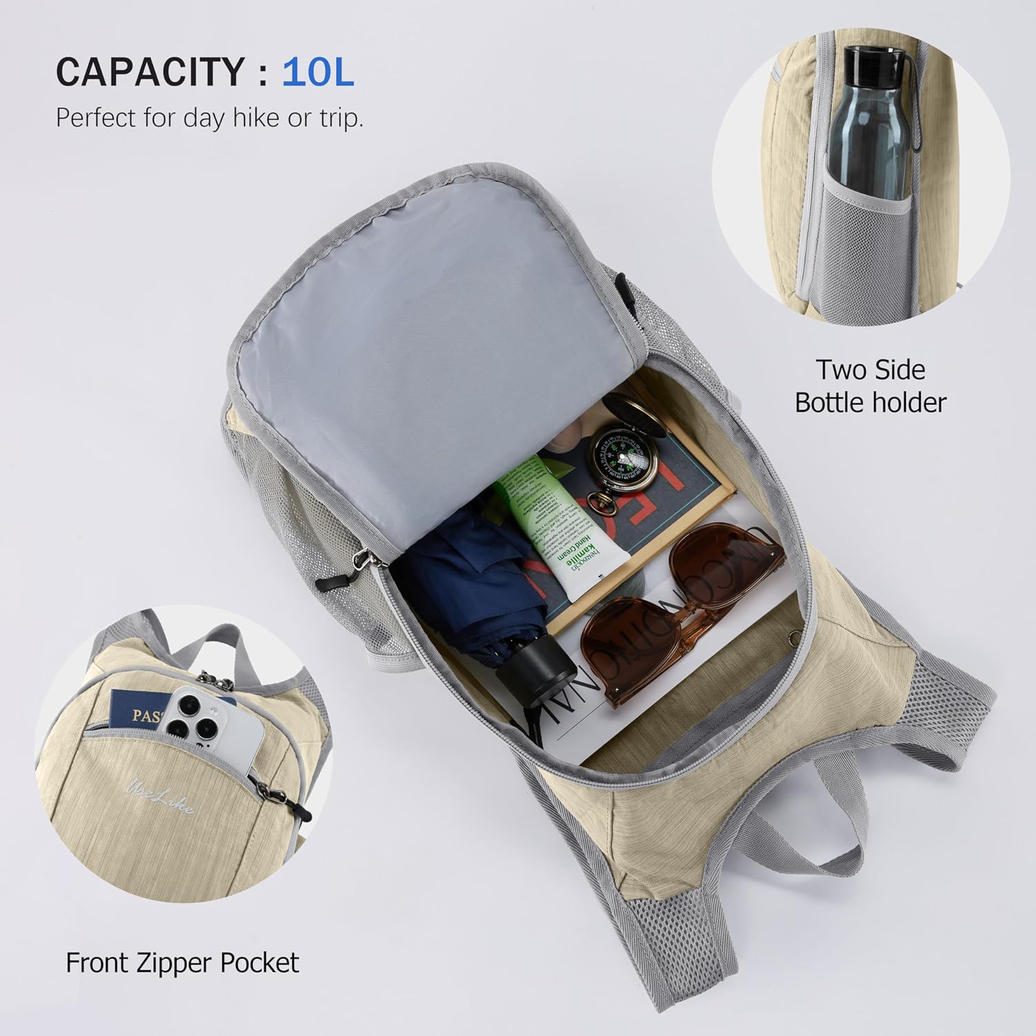 Uselike 10L Small Hiking Backpack Travel Daypack Lightweight Packable Back Pack for Women Men(Beige)
