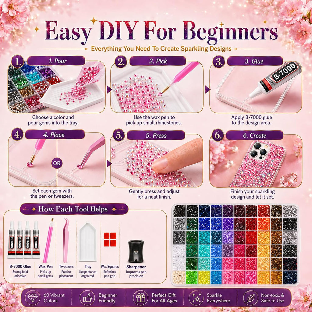 Bedazzling Kit 48000 Pcs, 60 Colors Rhinestone Kit, 3mm Flat Back Resin Rhinestones with B7000 Glue & Tools, All-in-One DIY Craft Kit for Nail Art, Phone Case, Shoes, Scrapbook & Creative Gifts