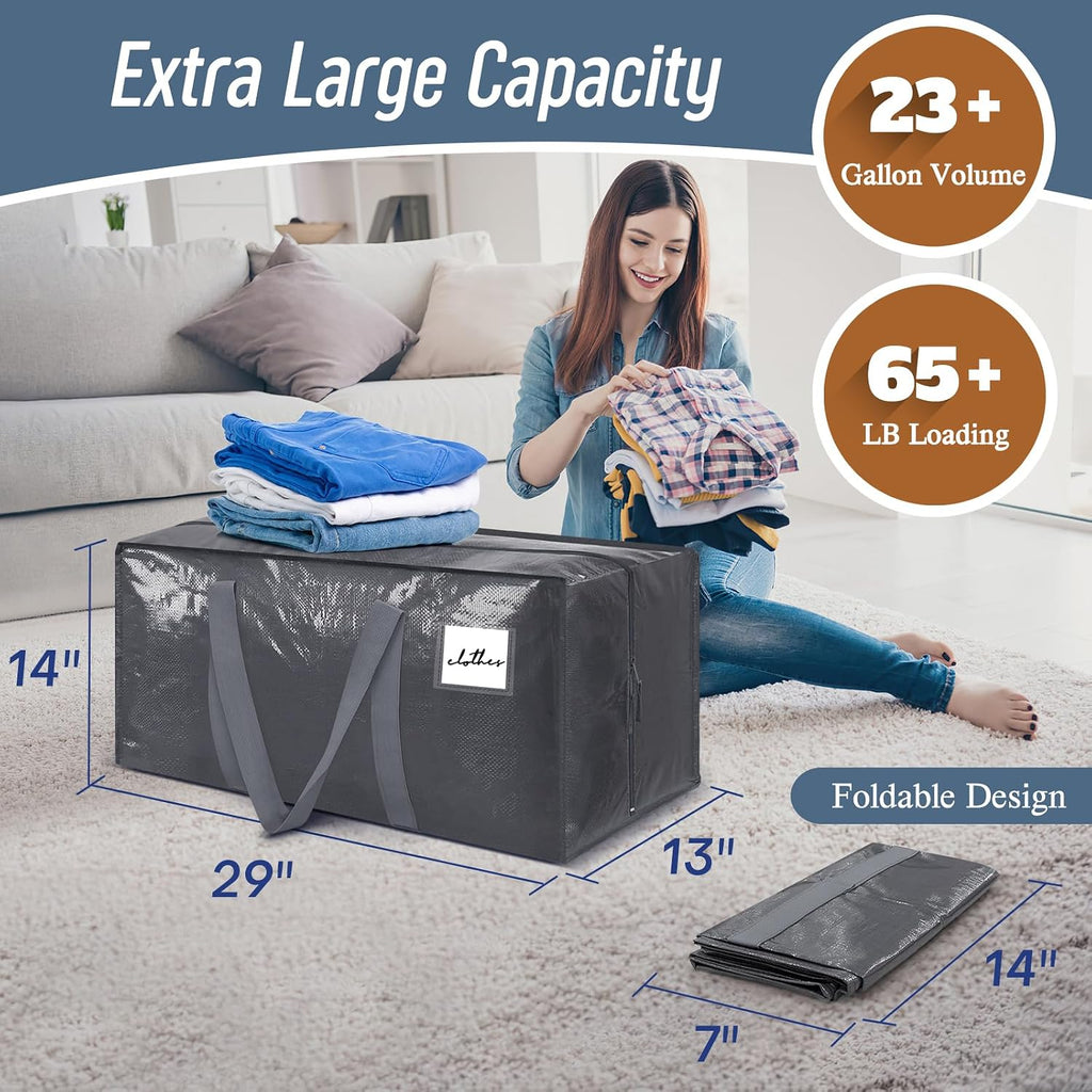 6 Pack Extra Heavy Duty Large Moving Bags with Strong Zipper, Gray