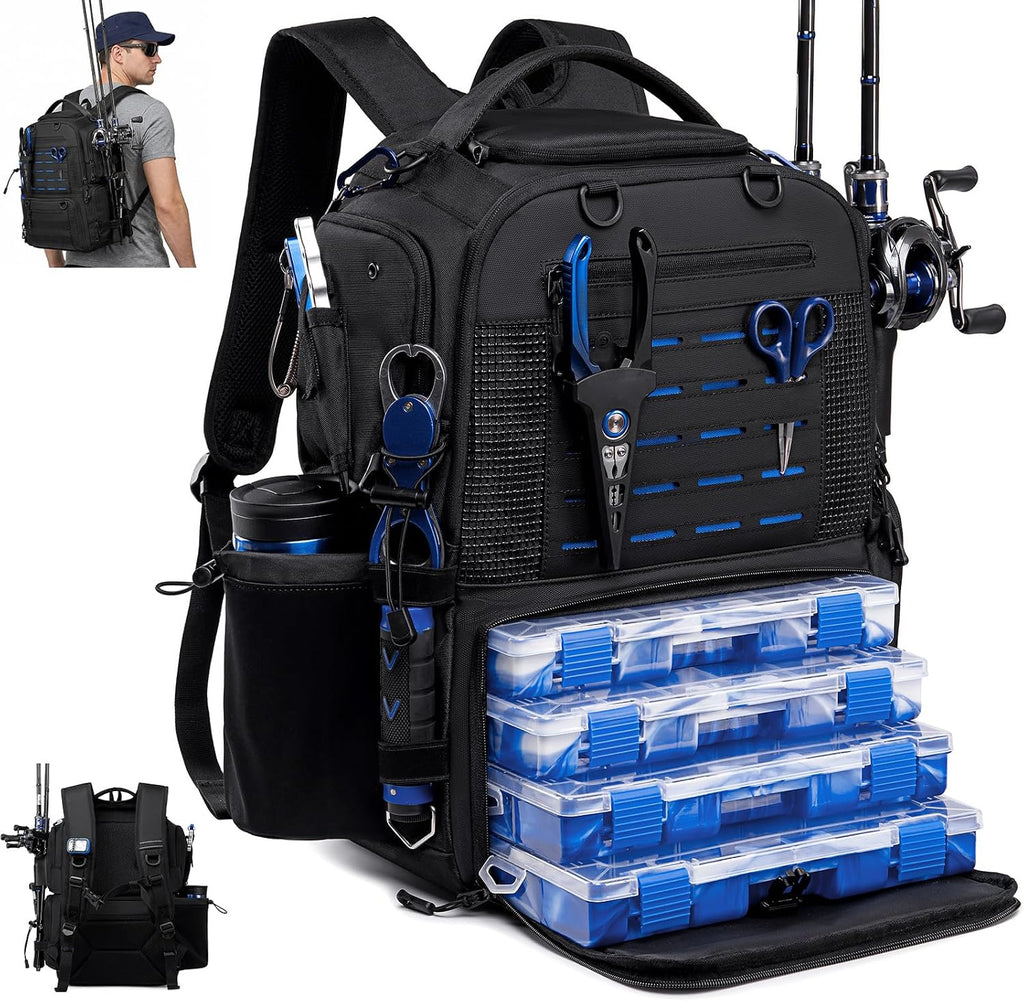 Fishing Tackle Backpack with 2 rod holders & 4 Tackle Boxes