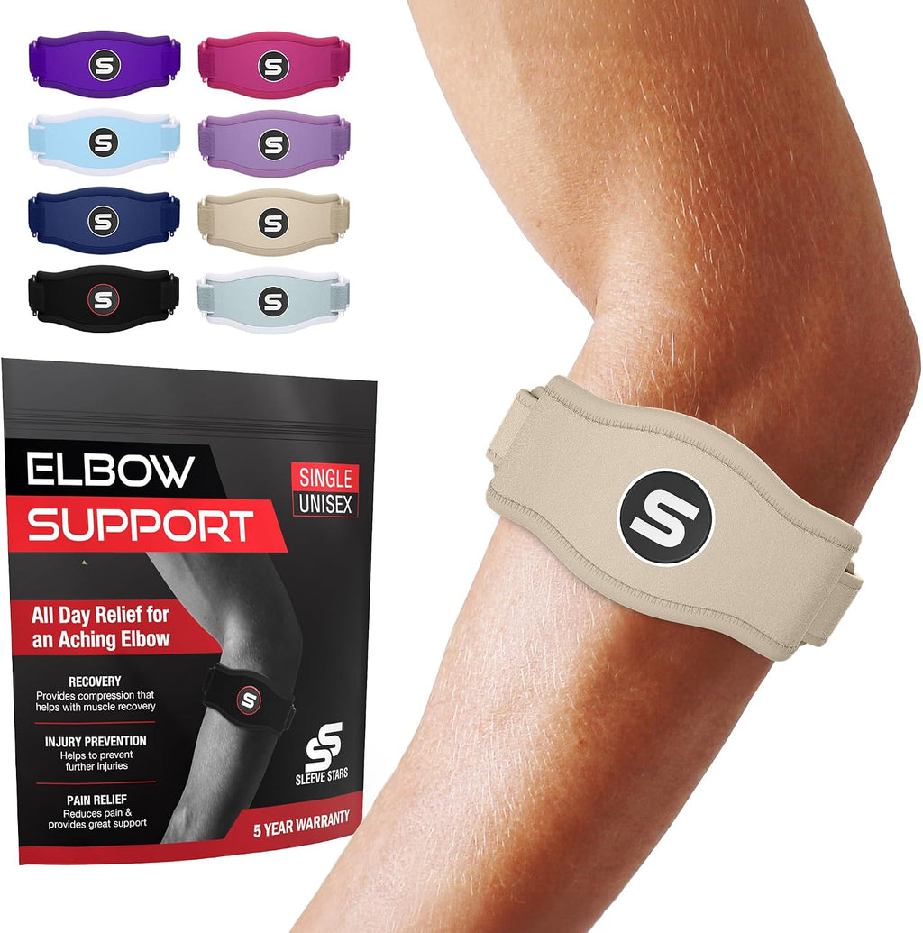 Sleeve Stars Tennis Elbow Brace for Men & Women, Elbow Brace for Tendonitis, Tennis Elbow Strap, Golfers Elbow Brace, Elbow Support Wrap for Tennis Elbow Relief, Fits 9"-23" (Pair/Beige)