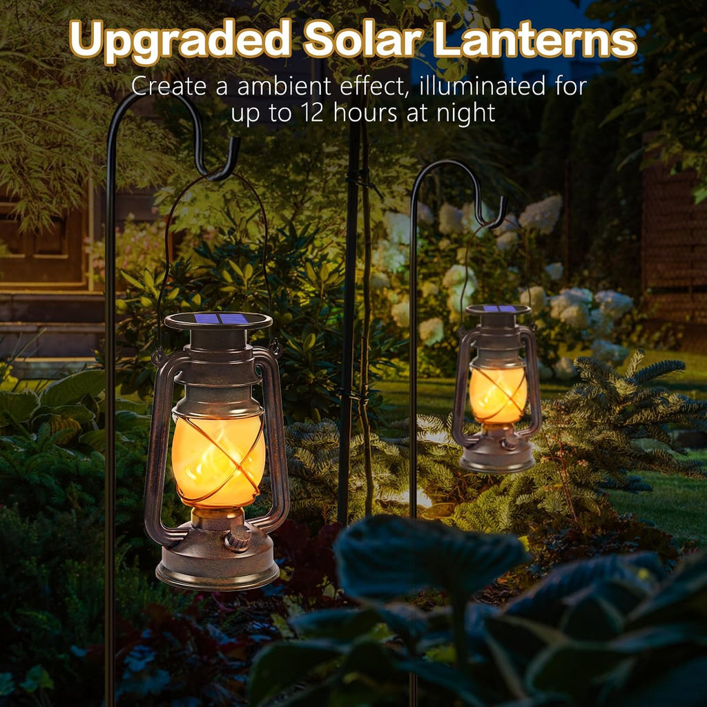 Solar Lanterns Outdoor Waterproof, 2 Pack Bronze Flickering Flame Lights